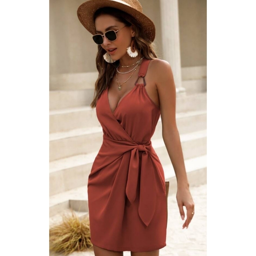 Shein Prive' Ring detail Wrap Knot Side Tie dress Burnt Orange Size L - Picture 3 of 11